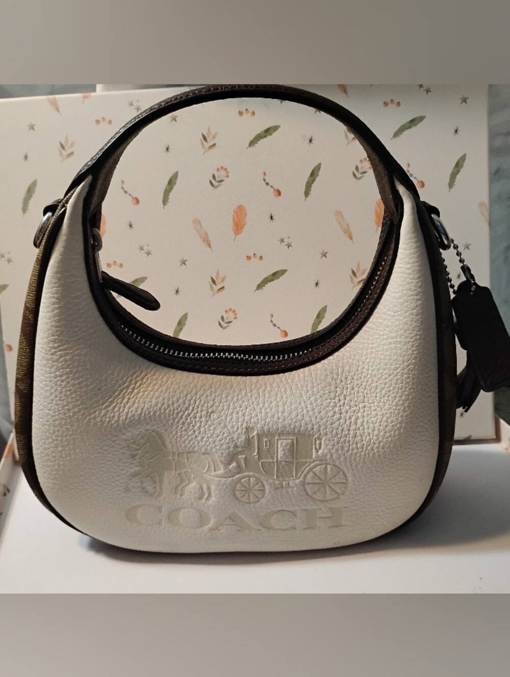 Coach Carmen Mini Chalk Jacquard Shoulder Bag Purse Chain Strap Pebbled Leather